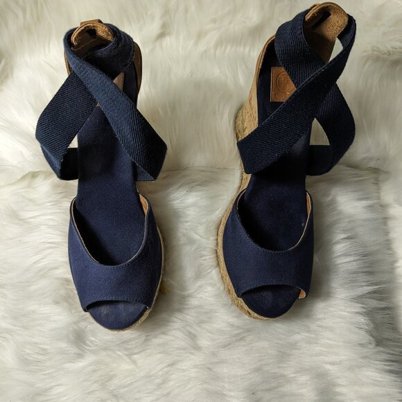 Tory Burch Shoes - Tory Burch Natanya Navy Peep-Toe Cork Espadrille Wedge Heels Sandals Size 8